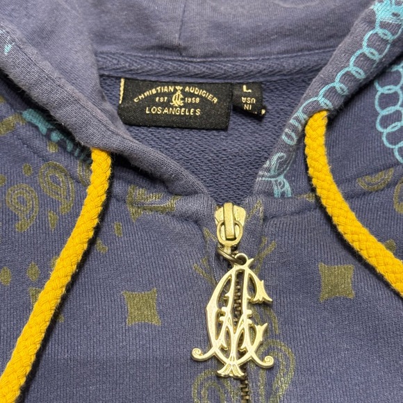 Christian Audigier Ed Hardy Zip Hoodie Skull Graphic Blue Gold Men's Large USA - Picture 4 of 7
